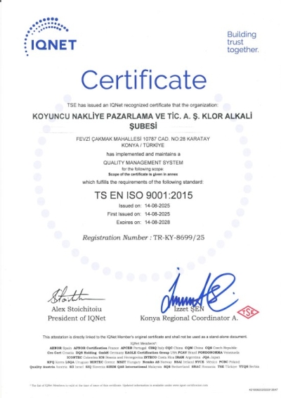 IQ NET TS EN ISO 9001 SERTİFİKA Koyuncu Kimya - Klor Alkali Üretim Tesisi