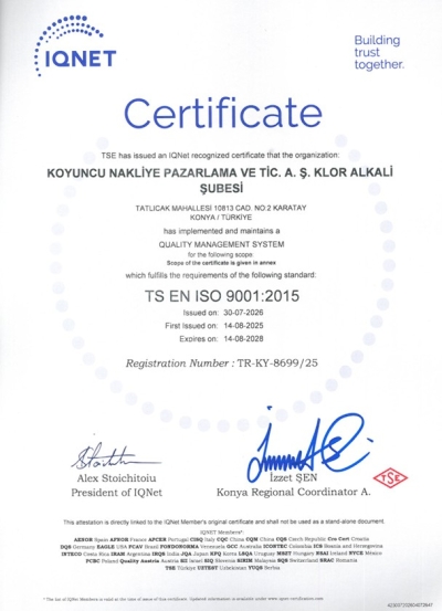 IQ NET TS EN ISO 9001 SERTİFİKA Koyuncu Kimya - Klor Alkali Üretim Tesisi